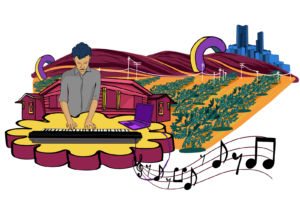 Youth playing the electric keyboard with music notes and a city skyline.