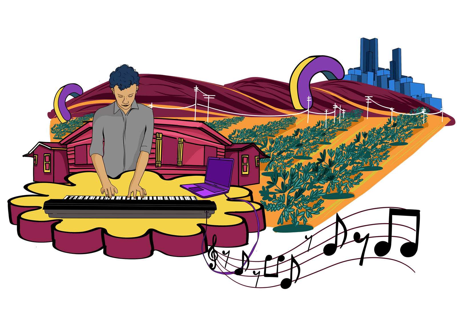 Youth playing the electric keyboard with music notes and a city skyline.