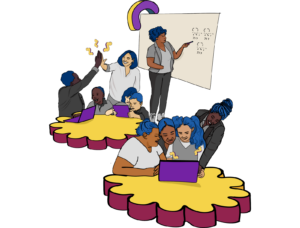 Teacher pointing at a whiteboard while two groups of students use computers