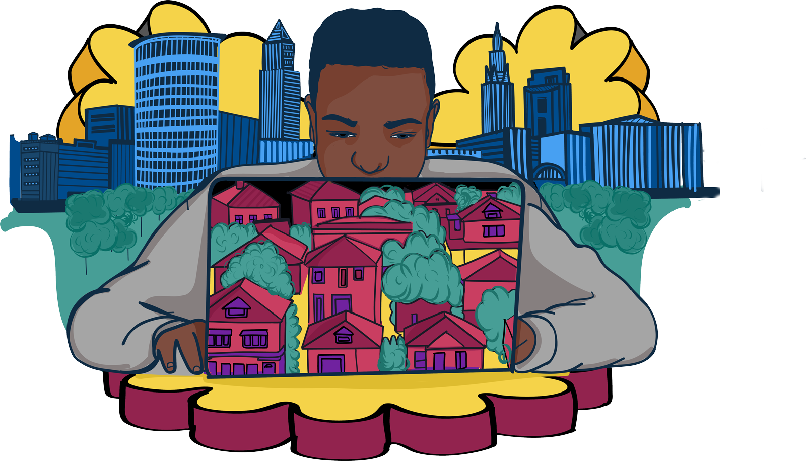 A person using a laptop with the city skyline in the background